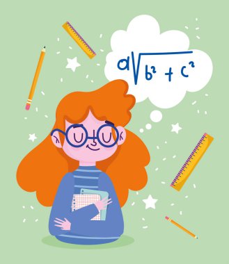 Mutlu öğretmenler günü, karikatür öğretmeni kağıtları cetvel ve kalemler.