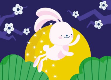 Mutlu sonbahar ortası festivali, tatlı tavşan dolunay çiçekleri çizgi film, bereket ve mutluluk