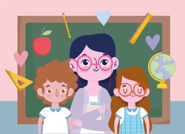 Mutlu öğretmenler günü, öğretmen ve güzel kız öğrenci tahtası ve eşya okulu var.