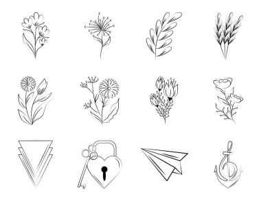 Minimalist dövme boho çiçek kalbi asma kilit çizgisi beyaz arkaplanda resim simgesi