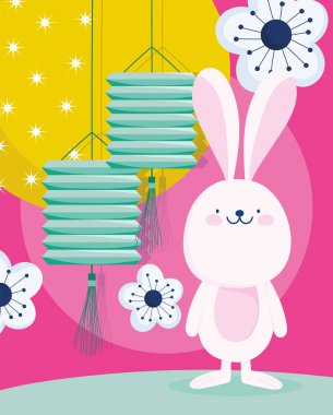 Mutlu sonbahar ortası festivali, sevimli tavşan fenerleri çiçekler ve ay kutsaması ve mutluluk