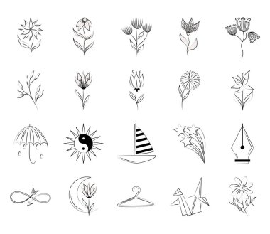 Minimalist dövme boho yaratıcılık tasarımı beyaz arka planda sanat simgeleri