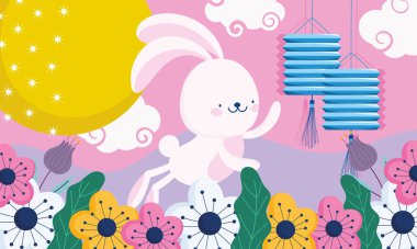 Mutlu sonbahar ortası festivali, sevimli tavşan fenerleri çiçekler ay süsü, bereket ve mutluluk.