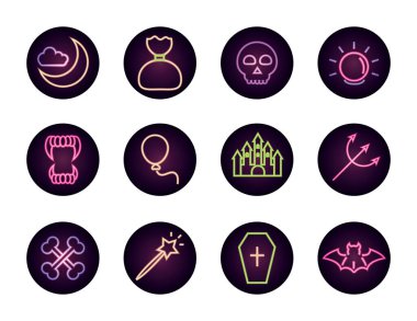 Cadılar Bayramınız kutlu olsun, parti kutlaması Ay Kalesi çatal tabut kemikleri neon ikonlar