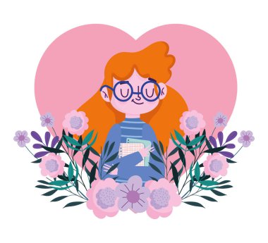 Mutlu öğretmenler günü, kalbinde çiçekler ve kağıtlarla bayan öğretmen.