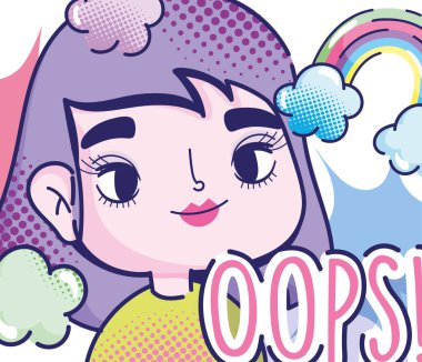 Pop sanat karikatür kızı gökkuşağı bulutları moda retro çizgi romanını bozdu