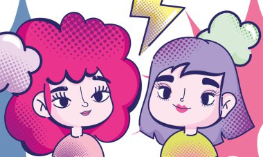 Pop sanat karikatürleri kızlar saçlar gök gürültüsü bulutlar komik afişler