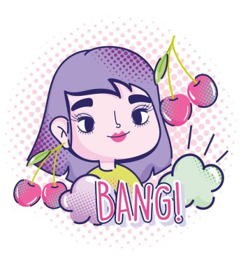 Pop Art karikatür kızı kiraz rengi meyve bulutları yarım ton arkaplan tasarımı