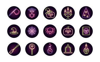 Cadılar bayramın kutlu olsun, şeker mi şaka mı parti kutlaması Örümcek kabağı mumları kafatası kemikleri şeytan neon ikonlar