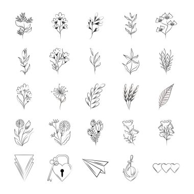 Minimalist dövmeli botanik çiçekler çizim çizgisi resim simgeleri bırakır