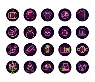 Cadılar bayramın kutlu olsun, şeker mi şaka mı? Parti kutlaması balkabağı kazanı hayalet mumları neon ikonlar seti