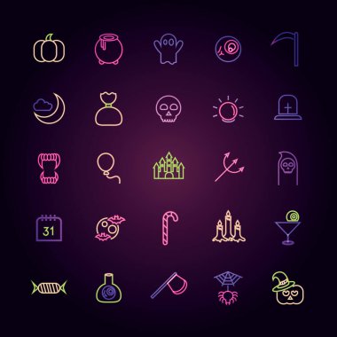 Cadılar bayramın kutlu olsun, şeker mi şaka mı parti kutlaması için neon ikonlar koyu arkaplan