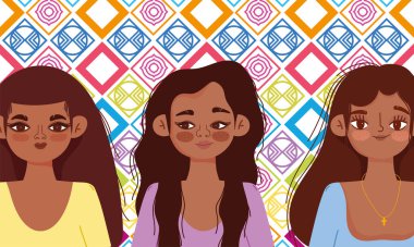 Ulusal İspanyol Mirası Ayı, üç kadın çizgi film, dekoratif arka plan rengi