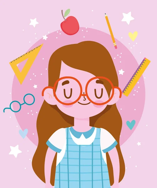 幸せな教師の日、制服漫画と供給学校とかわいい学生の女の子 — ストックベクタ