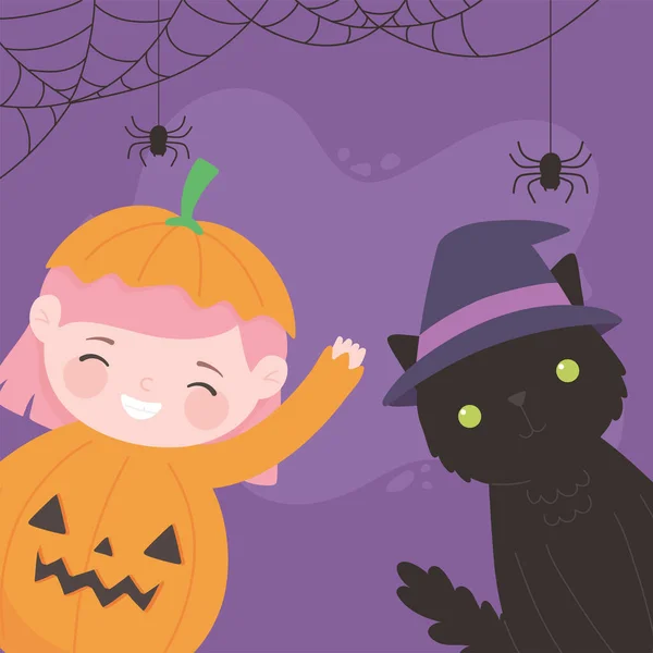 Fröhliches Halloween, Kürbismädchen mit Katzenkostüm Charaktertrick oder Leckerbissen, Party-Feier — Stockvektor