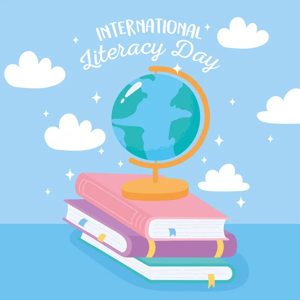 Internationale alfabetiseringsdag, schoolwereldkaart op boeken — Stockvector