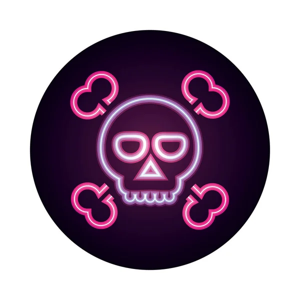 Feliz halloween, cráneo cruzado huesos truco o tratar fiesta celebración neón icono estilo — Vector de stock