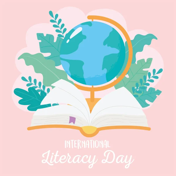 International literacy day, school globe map and book — Stock Vector