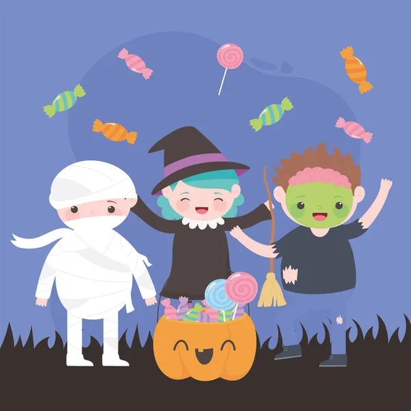 Happy halloween, kostým postavy zombie mumie čarodějnice s dýní a bonbóny, koleda, party oslava — Stockový vektor