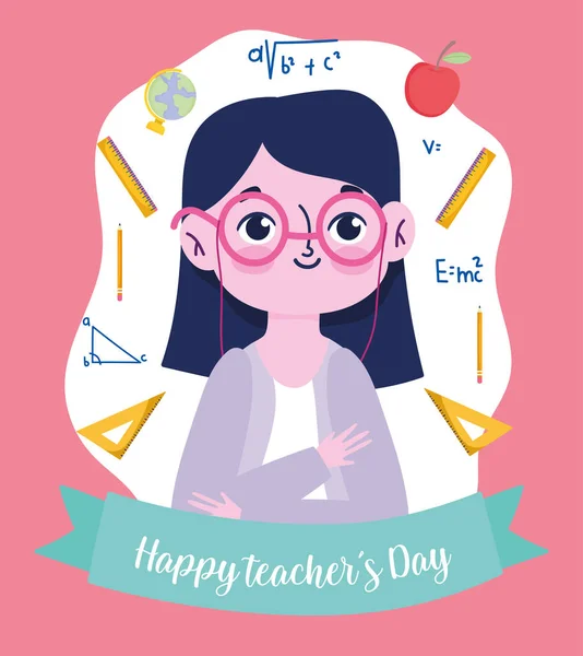 Glada lärare dag, lärare med glasögon och leveranser skolan tecknad — Stock vektor