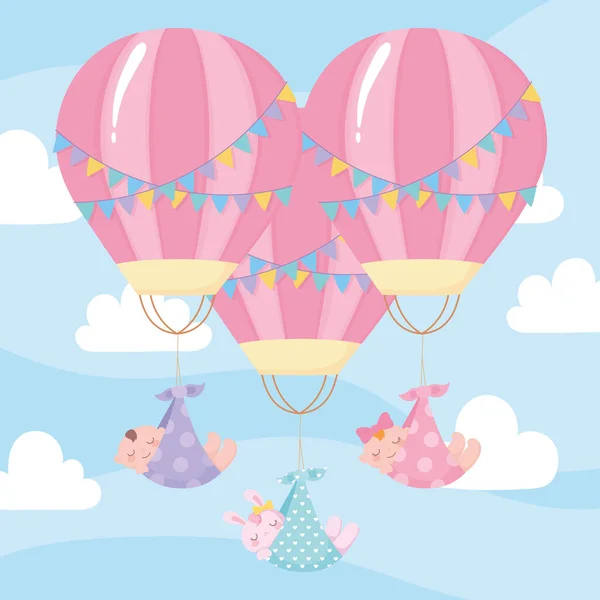 Ducha del bebé, bebés lindos que vuelan en globos de aire caliente, celebración bienvenida recién nacido — Vector de stock