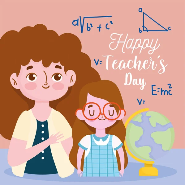 Glad lärare dag, brunett lärare och flicka elev med skolvärlden — Stock vektor