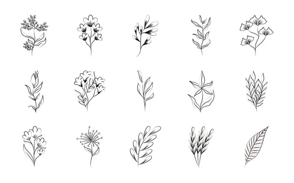 Minimalist dövme boho çiçekleri beyaz arkaplan çizgisi resim simgelerinde çiçek dekoru — Stok Vektör