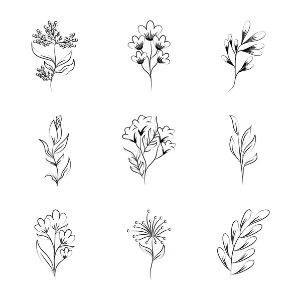 Minimalista tatuaje boho flores decoración floral sobre fondo blanco línea arte iconos — Vector de stock