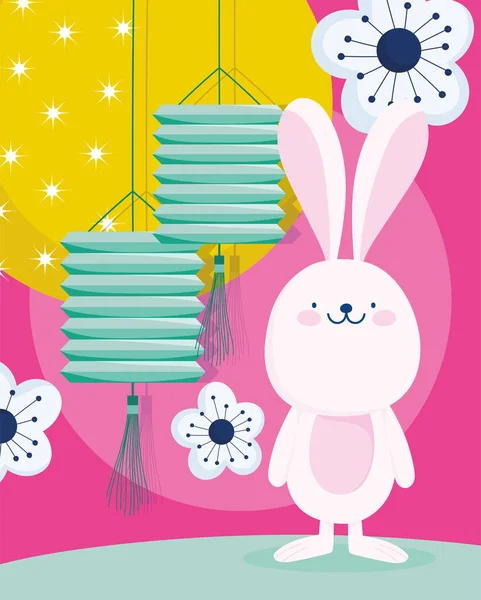 Mutlu sonbahar ortası festivali, sevimli tavşan fenerleri çiçekler ve ay kutsaması ve mutluluk