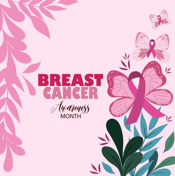 Brustkrebs Bewusstsein Monat verlässt Natur Schmetterling und Band rosa Vektor — Stockvektor