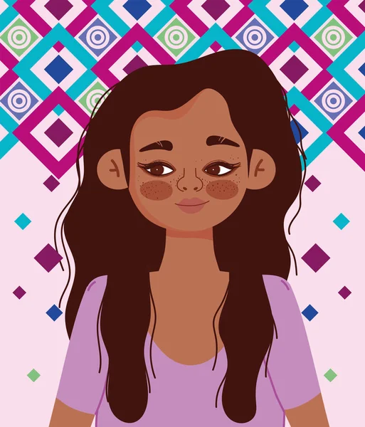 Junge Frau hispanische Charakter Cartoon-Porträt, Farbe geometrischen Hintergrund-Design — Stockvektor