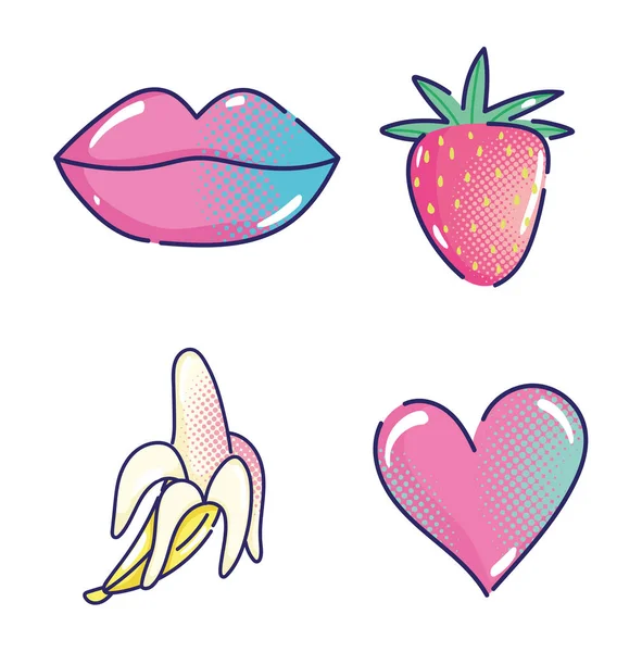 pop sanat karikatürü, kadın ağzı çilek kalbi ve muzlu yarım ton tasarım.