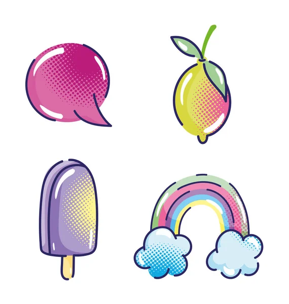 Поп-арт мультфильм, сладкое мороженое радуга и речевой пузырь, комический дизайн наполовину — стоковый вектор