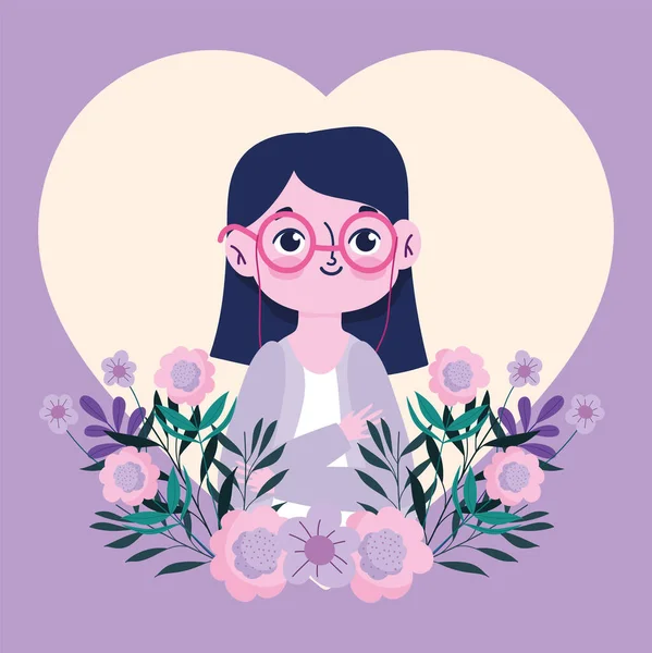 Feliz dia de professores, jovem personagem professor mulher com flores —  Vetores de Stock