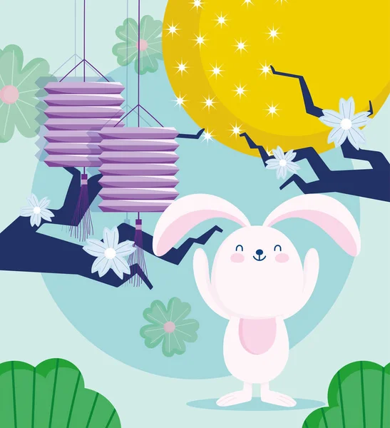 Mutlu sonbahar ortası festivali, küçük tavşan akıntısı ağaç feneri kutsama ve mutluluk