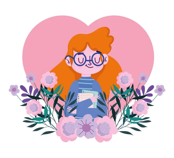 Mutlu öğretmenler günü, kalbinde çiçekler ve kağıtlarla bayan öğretmen.