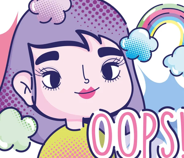 Pop sanat karikatür kızı gökkuşağı bulutları moda retro çizgi romanını bozdu