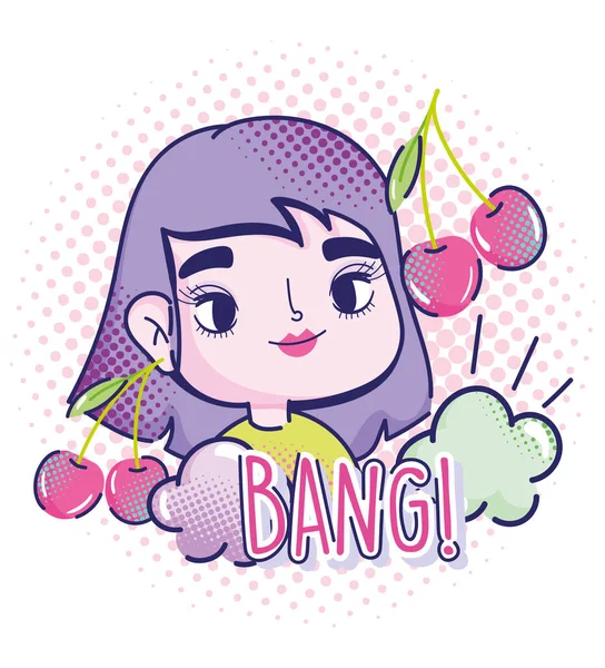 Pop Art karikatür kızı kiraz rengi meyve bulutları yarım ton arkaplan tasarımı
