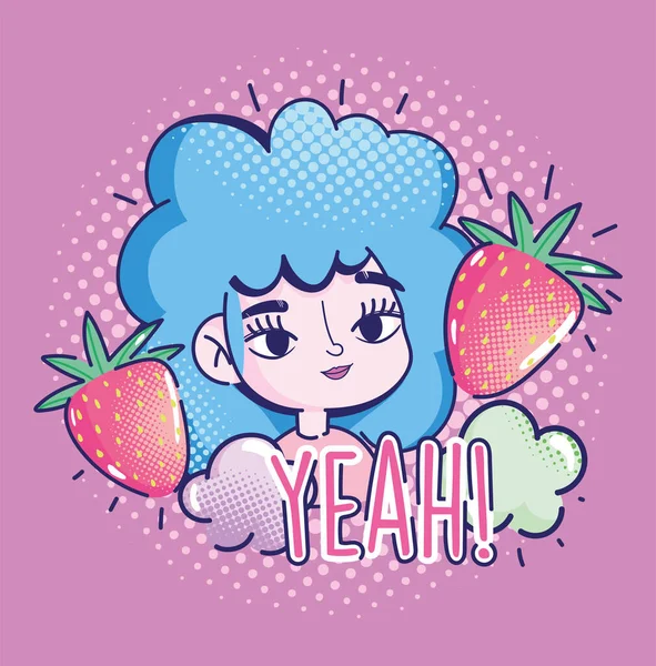 Çizgi film kızı, mavi kıvırcık saçlı, yıldız çileği ve bulutlu komik kız.