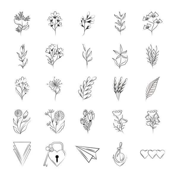 Minimalist dövmeli botanik çiçekler çizim çizgisi resim simgeleri bırakır