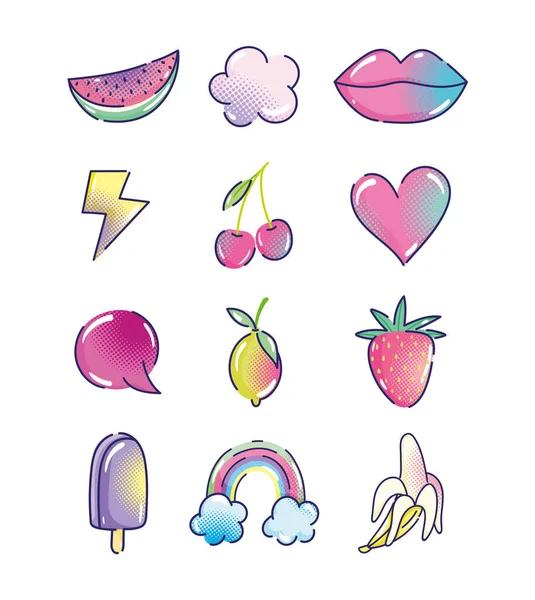 Поп-арт мультфильм, halftone мода ретро-фрукты рот сердце радуга иконы мороженого — стоковый вектор