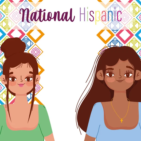 Nationale Spaanse erfgoed maand, twee vrouwen portret cartoon, geometrische kleur achtergrond — Stockvector