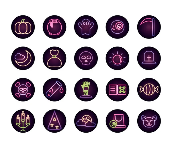 Cadılar bayramın kutlu olsun, şeker mi şaka mı? Parti kutlaması balkabağı kazanı hayalet mumları neon ikonlar seti