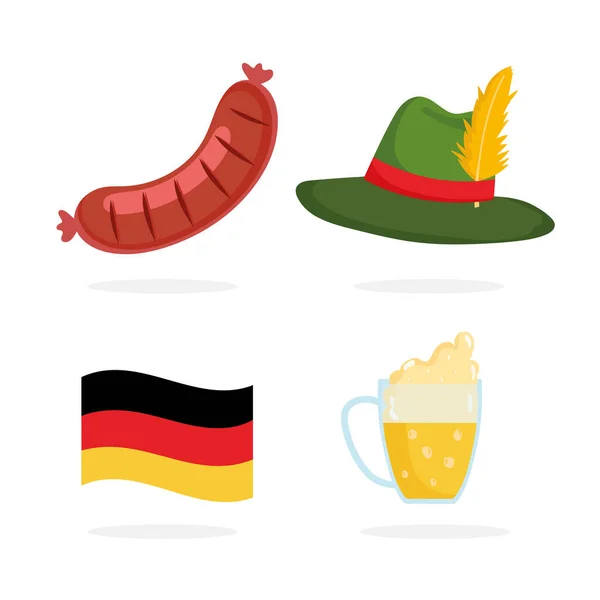 Oktoberfest festival, icons hat sausage beer flag, celebration germany traditional — Stock Vector