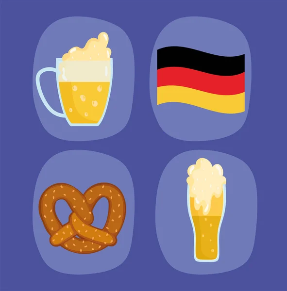 Oktoberfest festival, icons geman flag beers and pretzel, celebration traditional — Stock Vector