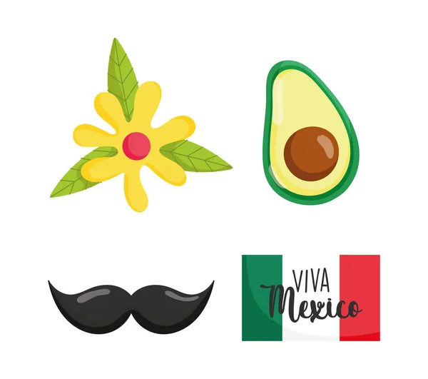 Dia da independência mexicana, flor de abacate bandeira e bigode, viva mexico é comemorado em setembro — Vetor de Stock