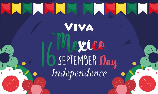 Mexican independence day, festive pennants flowers decoration, viva mexico is celebrated on september — Stock Vector