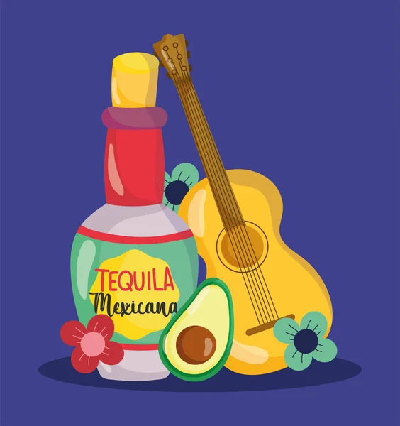 Día de la independencia mexicana, botella de guitarra tequila aguacate flores, viva mexico se celebra en septiembre — Vector de stock