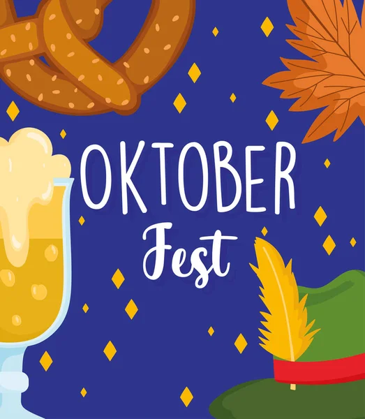 Festival oktoberfest, sombrero cerveza pretzel hoja fondo, la celebración de Alemania tradicional — Vector de stock