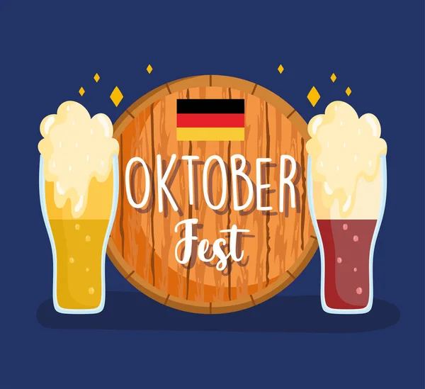 Festival oktoberfest, cervezas de barril con espuma, la celebración de Alemania tradicional — Archivo Imágenes Vectoriales